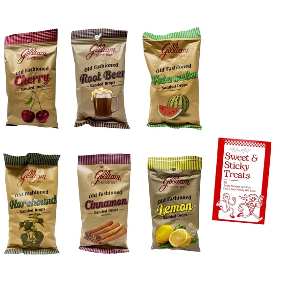 Gilliam Old Fashioned Sanded Drops Hard Candies - 6 flavors - 1 each: Watermelon, Lemon, Cinnamon, Cherry, Horehound, Root Beer (4.5 oz) + MerlinsMart Zine