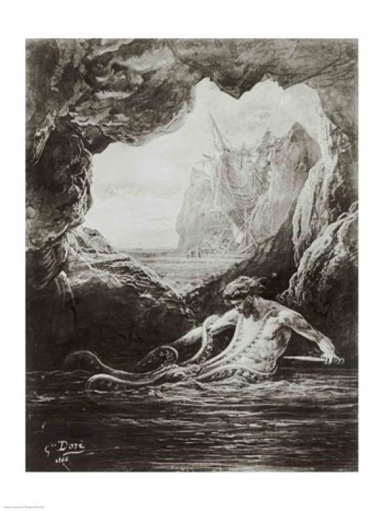 Gilliatt struggles with the giant octopus Canvas Art - Gustave Dore (18 x 24)