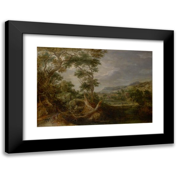 Gillis Claesz. de Hondecoeter 14x11 Black Modern Framed Museum Art Print Titled - Swampy Valley with Castle on a Hill and Distant Farms (1611)