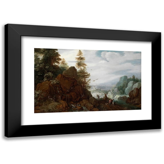 Gillis Claesz. de Hondecoeter 24x16 Black Modern Framed Museum Art Print Titled - Rocky Landscape (1621)