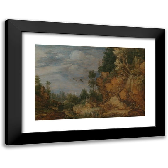 Gillis Claesz. de Hondecoeter 24x18 Black Modern Framed Museum Art Print Titled - Rocky Landscape with Deer and Goats (1620)