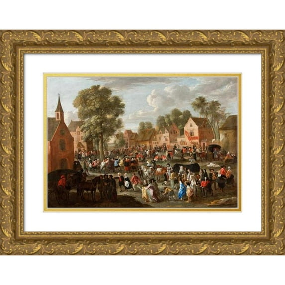 Gillis van Tilborgh 18x14 Gold Ornate Wood Frame and Double Matted Museum Art Print Titled - Village Fair (circa 1660)