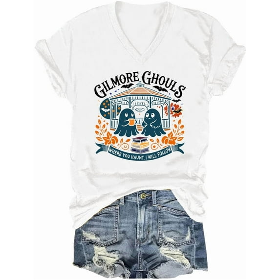 Gilmore Ghouls Halloween V Neck Shirt Ghost Spooky Season Halloween Tshirt Funny Ghost Tops