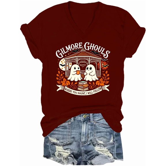 Gilmore Ghouls Halloween V Neck Shirt Ghost Spooky Season Halloween Tshirt Funny Ghost Tops