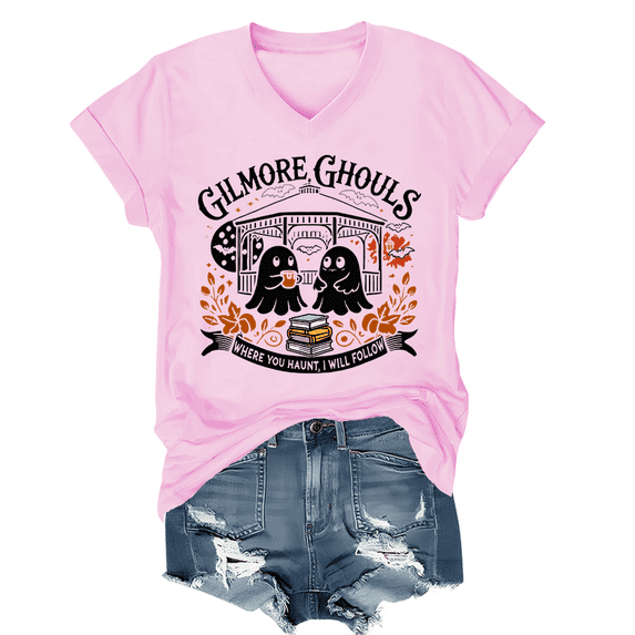 Gilmore Ghouls Where You Haunt I Will Follow Halloween Boo T-Shirt Women Halloween Boo Graphic Shirt V Neck Unisex