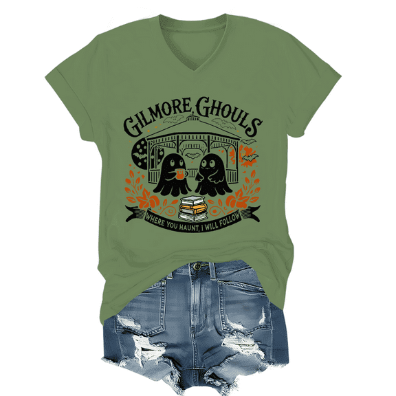 Gilmore Ghouls Where You Haunt I Will Follow Halloween Boo T-Shirt Women Halloween Boo Graphic Shirt V Neck Unisex