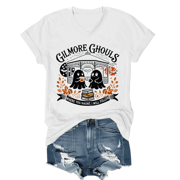 Gilmore Ghouls Where You Haunt I Will Follow Halloween Boo T-Shirt Women Halloween Boo Graphic Shirt V Neck Unisex