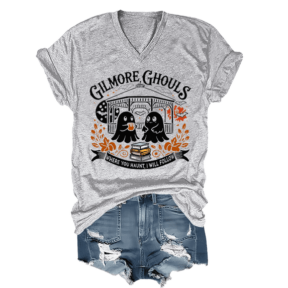 Gilmore Ghouls Where You Haunt I Will Follow Halloween Boo T-Shirt Women Halloween Boo Graphic Shirt V Neck Unisex