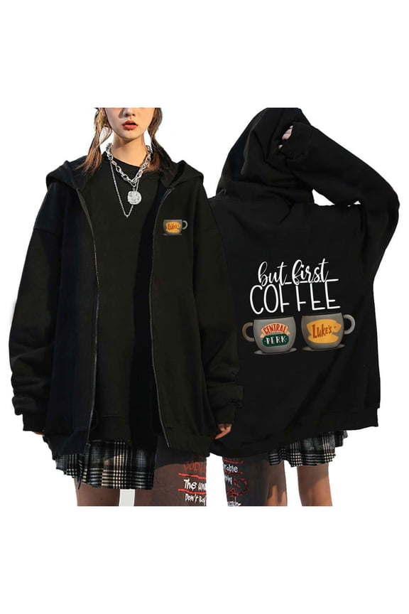 Gilmore Girl Zipper Cardigan, Unisex, Cartoon Pattern, Harajuku Style, Black Jacket