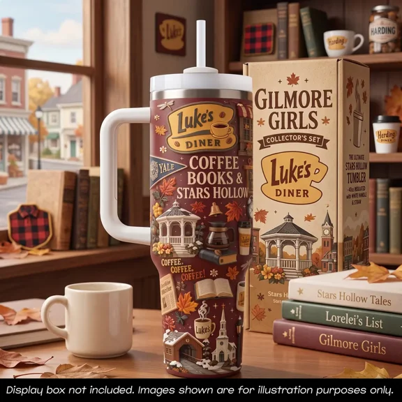 Gilmore Girls 40oz Tumbler with Straw Handle, Coffee Books & Stars Hollow Insulated Vacuum Mug, Autumn Fall Cozy Cold Water Bottle