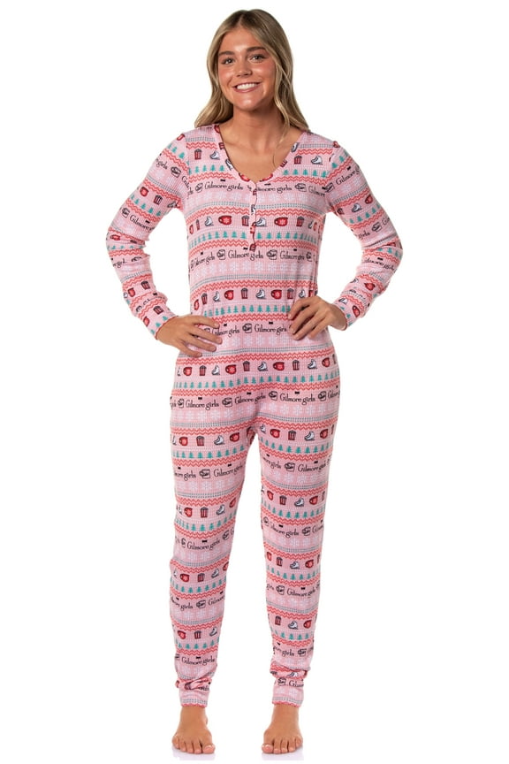 Gilmore Girls Holiday Women's Christmas Ugly Sweater Waffle Union Suit One Piece Long Sleeve Footless Sleep Pajamas