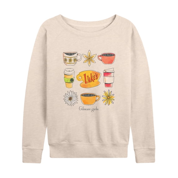 Gilmore Girls - Luke's Coffee Grid Lightweight French Terry Wide Neck Long Sleeve Graphic Shirt