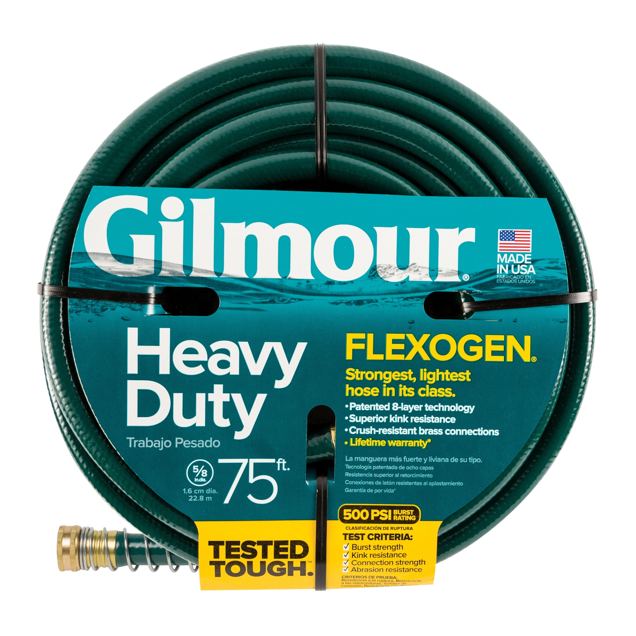 Gilmour Flexogen 75ft Heavy Duty Garden Hose, 5/8" All-Weather Water Hose with Crush-Resistant Brass Fittings, 500 PSI Burst Strength, Kink & Leak Resistant