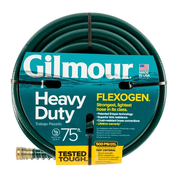 Gilmour Flexogen 75ft Heavy Duty Garden Hose, 5/8" All-Weather Water Hose with Crush-Resistant Brass Fittings, 500 PSI Burst Strength, Kink & Leak Resistant
