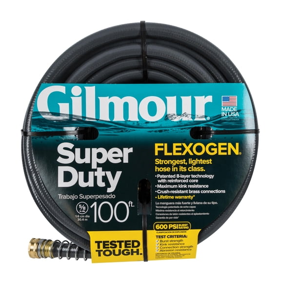 Gilmour Flexogen Heavy Duty Garden Hose - Leak-Proof Brass Couplings, Kink Resistant - 5/8 in x 100 ft