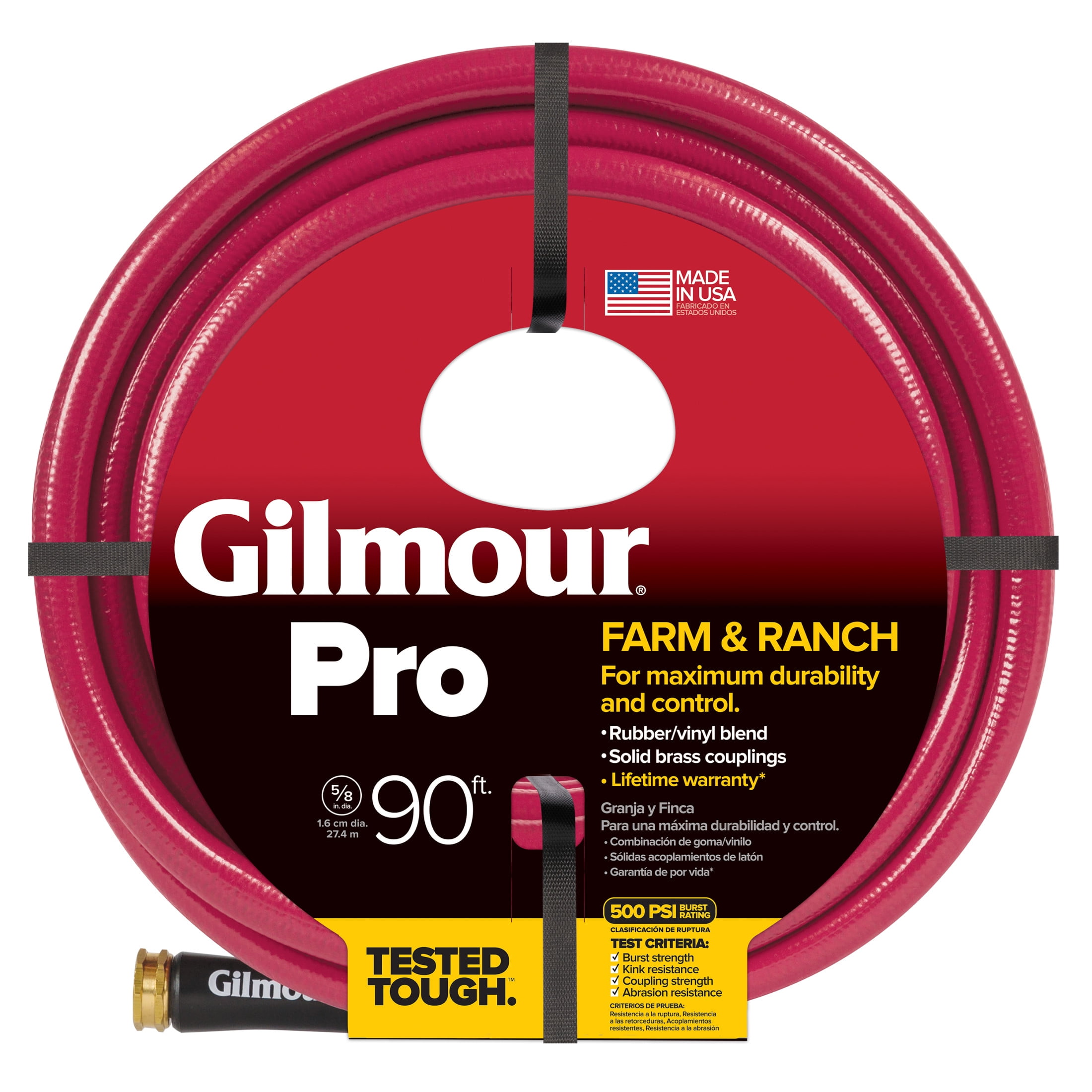 Gilmour Pro Farm & Ranch Water Garden Hose, 5/8" x 90', Heavy-Duty 500 PSI, Kink-Resistant, Made in