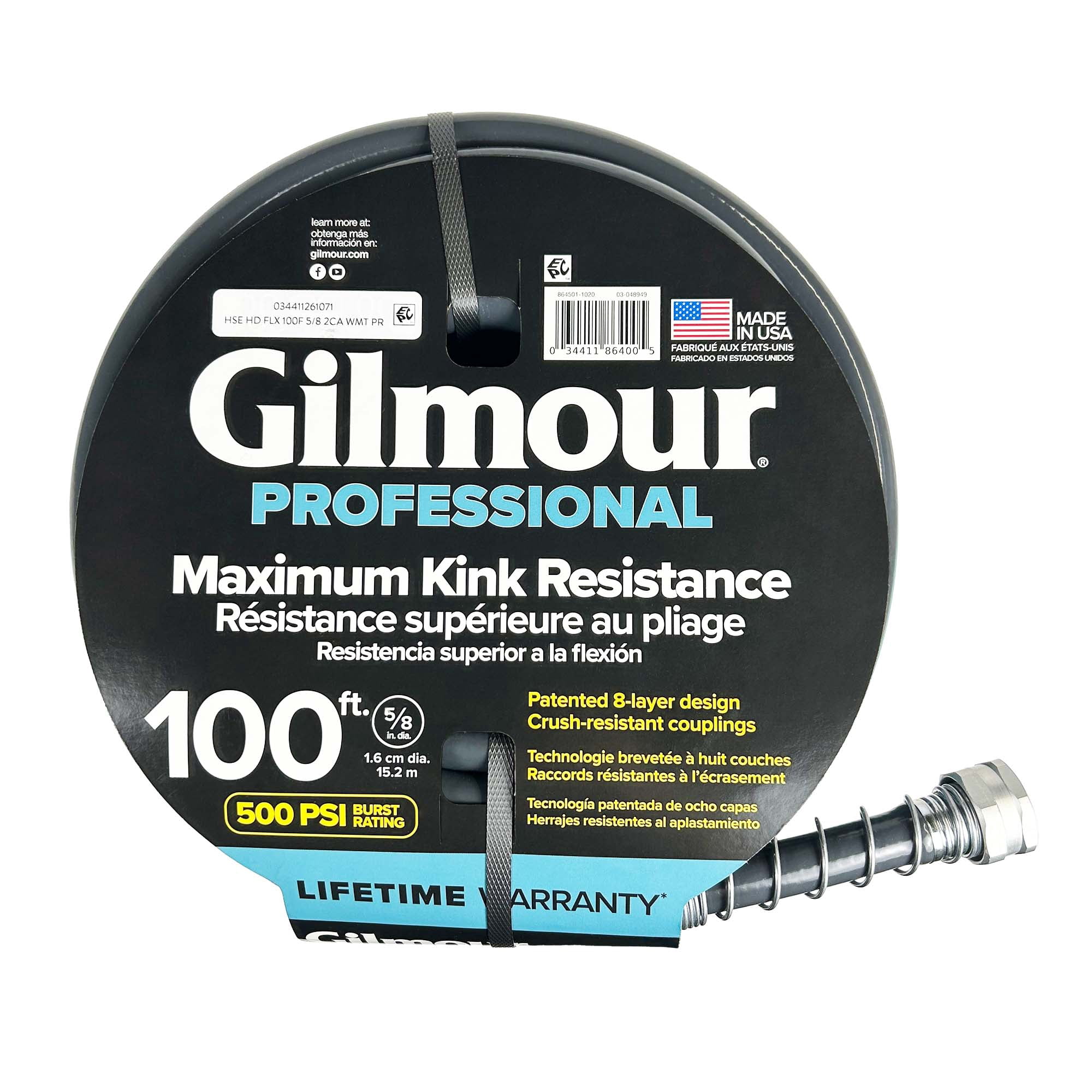 Gilmour Flexogen 100ft Heavy Duty Garden Hose, 5/8" All-Weather Water Hose with Crush-Resistant Aluminum Fittings, 500 PSI Burst Strength, Kink & Leak Resistant