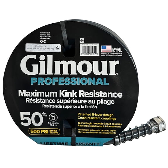 Gilmour Professional Kink-Proof Water Hose 5/8" Diameter, 50 ft, Heavy-Duty, Burst-Proof, Gray/Aqua