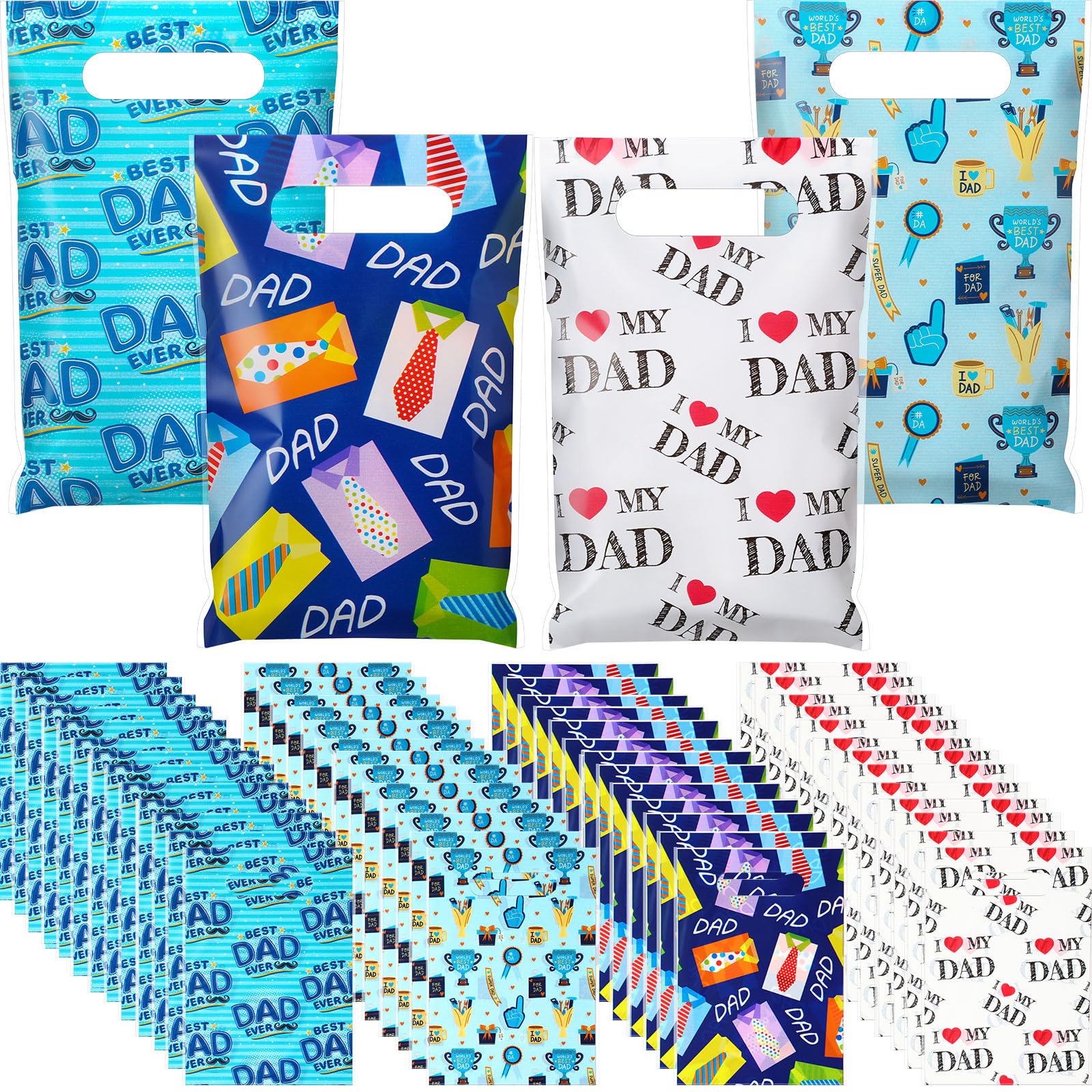 100-Pack Father's Day Gift Bags With Handles — Plastic Party Favor Bags For Candy & Treats