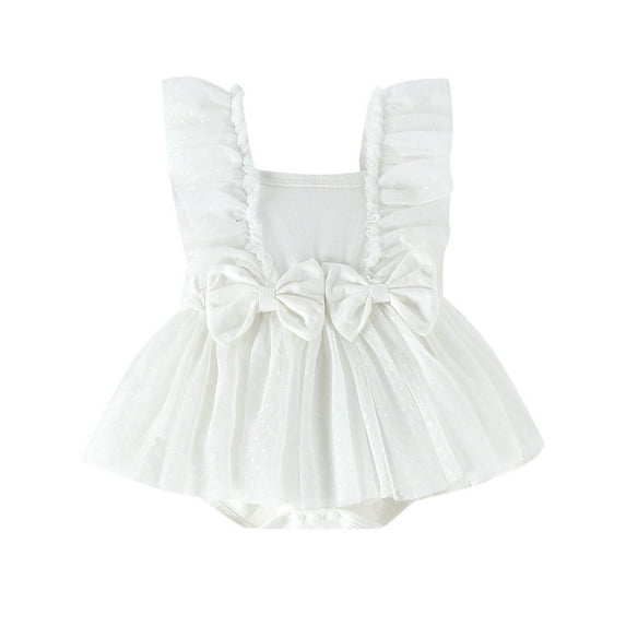 Gilrs Jumpsuit Baby Tulle Dress Square Collar Net Flying Sleeve Bow Skirt Baby Kids Bodysuit Size 6 M-12 M