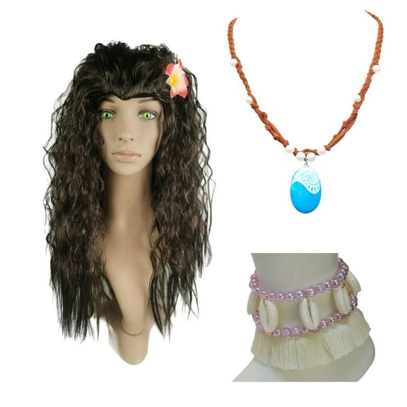 Gilrs Moana Wig Necklace Anklet Dress up Set for Girls Halloween Costume Accessories Christmas Gift