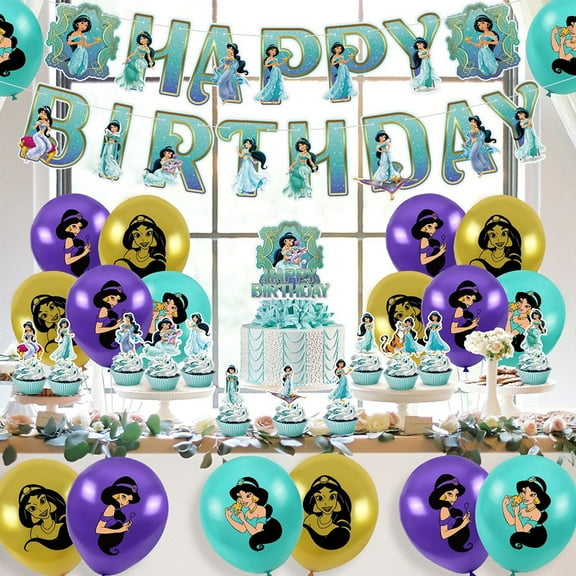 Gilrs Princess Jasmine Theme Birthday Party Surprise Party HAPPY BIRTHDAY Banner Cake Toppers Cards Latex Balloon Decoration Supplies Set