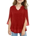 thumbnail image 1 of Gilrs Sparkly Sequin Mesh Tops Ruffle V Neck 3/4 Sleeve Shirts Flowy Tunic Solid Color Blouses for Shiny Party, 1 of 5