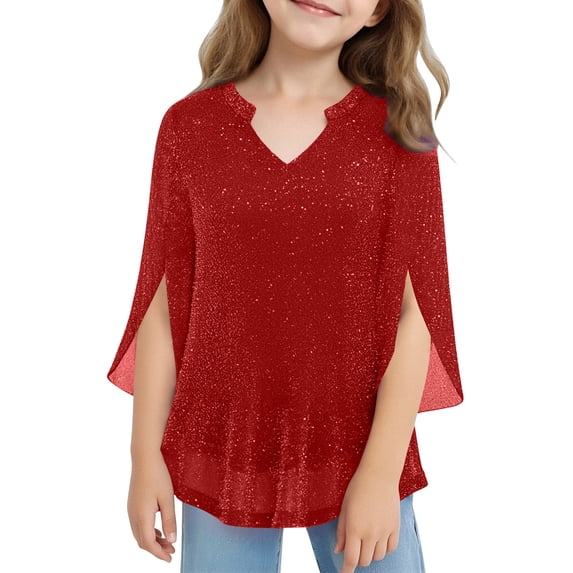 Gilrs Sparkly Sequin Mesh Tops Ruffle V Neck 3/4 Sleeve Shirts Flowy Tunic Solid Color Blouses for Shiny Party
