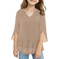 thumbnail image 1 of Gilrs Sparkly Sequin Mesh Tops Ruffle V Neck 3/4 Sleeve Shirts Flowy Tunic Solid Color Blouses for Shiny Party, 1 of 5
