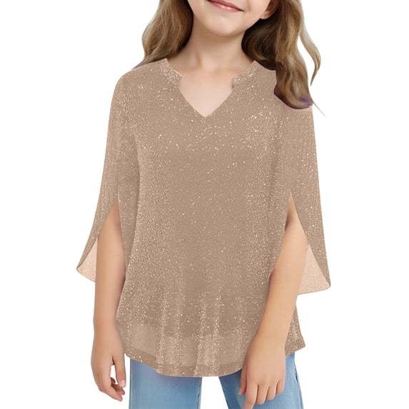 Gilrs Sparkly Sequin Mesh Tops Ruffle V Neck 3/4 Sleeve Shirts Flowy Tunic Solid Color Blouses for Shiny Party