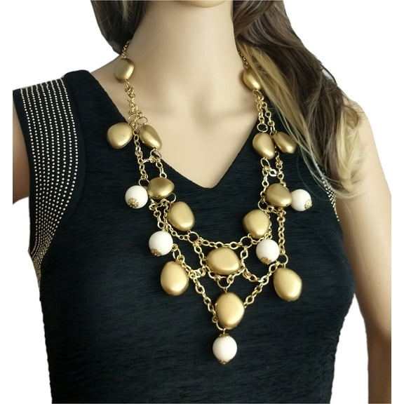 Gilt Gold And White Beaded Statement Necklace Women 28" Ladies Adult Female Women