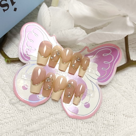 Gilt white edge French manicure, gentle milk tea color diamond nails 3-12 years old 10 pieces children wear armor