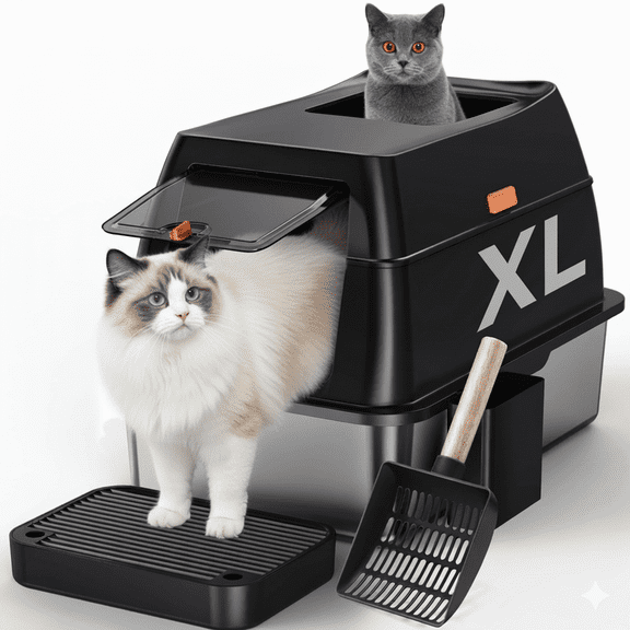 Gimars 3-in-1 High Sided Stainless Steel Cat Litter Box with Lid, Extra Large Litter Tray with Scoop, Front and Top Entry for Multiple Cats