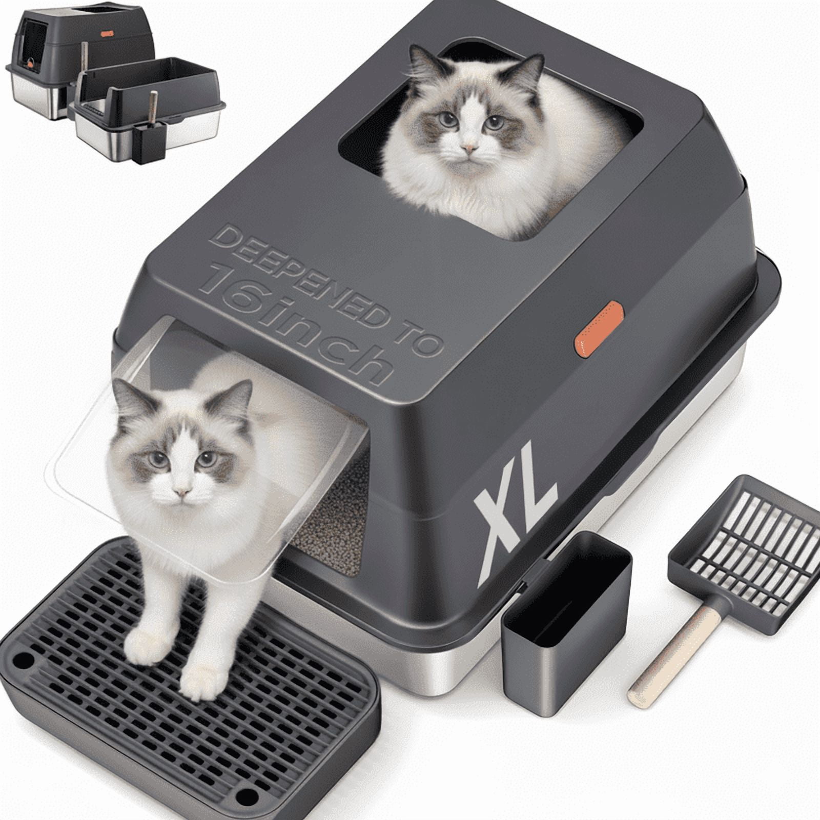Gimars XL 3-in-1 Stainless Steel Litter Box with Lid, Dual Top and Front Entry, 16in High Wall Design for Kittens and Large Cats