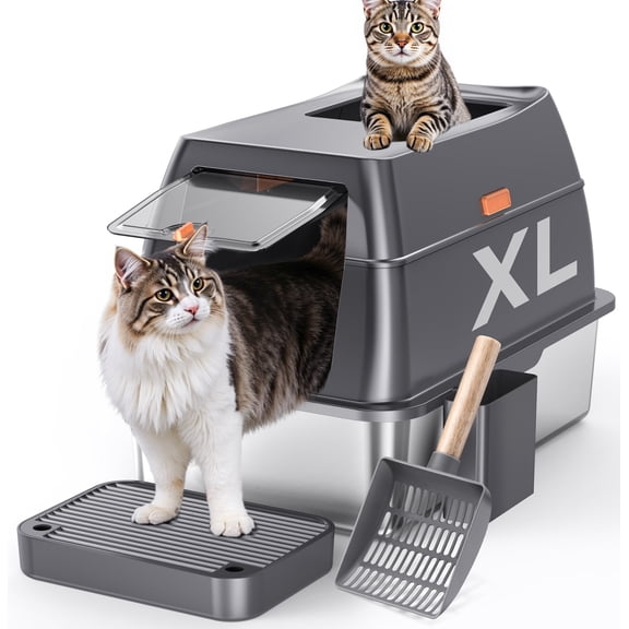 Gimars Stainless Steel Covered Litter Box, High Sides & Top Cover, Dual Entry Front & Top, 60x40x38 cm