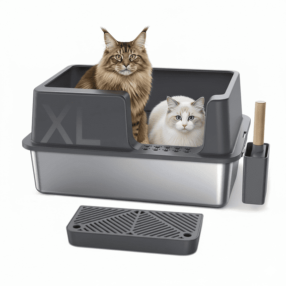 Gimars XL Stainless Steel Cat Litter Box 23.6 x 15.7 x 12.2in, 36L High Sided Metal Litter Tray with Scoop and Pedal