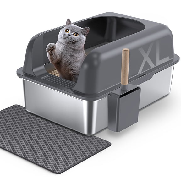 Gimars XL Stainless Steel Cat Litter Box, 36L Metal Litter Tray with Scoop and Mat, Suitable for Large and Medium Cats