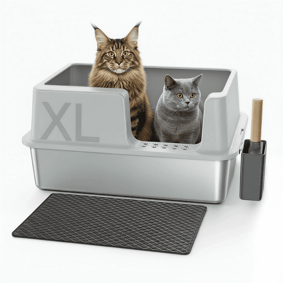 Gimars XL Stainless Steel Cat Litter Box 60 x 40 x 31cm, 36L High Sided Metal Litter Tray with Scoop and Mat