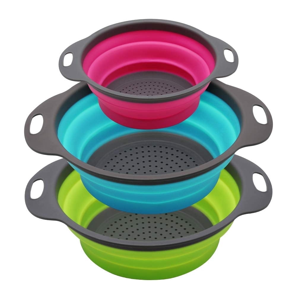 Gimgong Collapsible Silicone Colander, Round Food Strainers, 2 Pcs 4 Quart and 1 Pcs 2 Quart, Set of 3 (green,blue, purple)