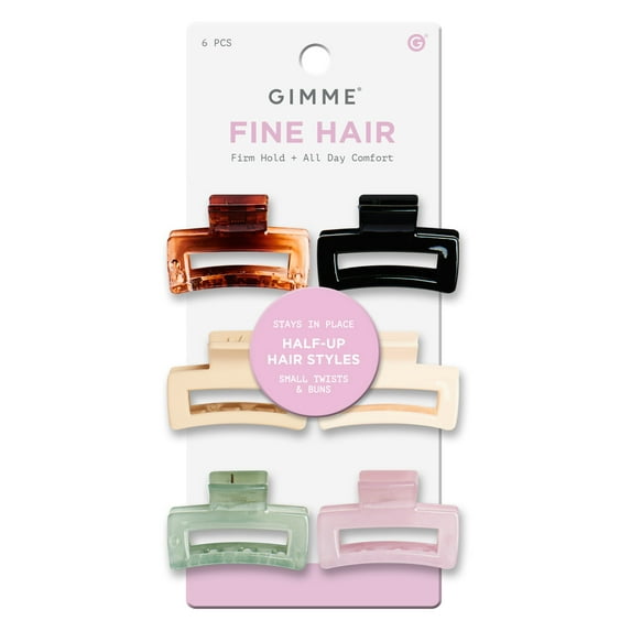 Gimme Beauty Small Rectangle Claw Clip for Fine Hair, Assorted Colors, 6 Count