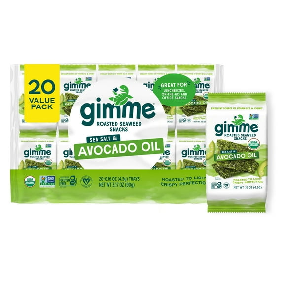 Gimme 20 Pack Avocado Oil & Sea Salt Seaweed, Premium Organic Roasted Seaweed Snacks, 5 gram, 0.17oz (20 Individually Wrapped Packs)