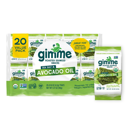 Gimme 20 Pack Avocado Oil & Sea Salt Seaweed, Premium Organic Roasted Seaweed Snacks, 5 gram, 0.17oz (20 Individually Wrapped Packs)
