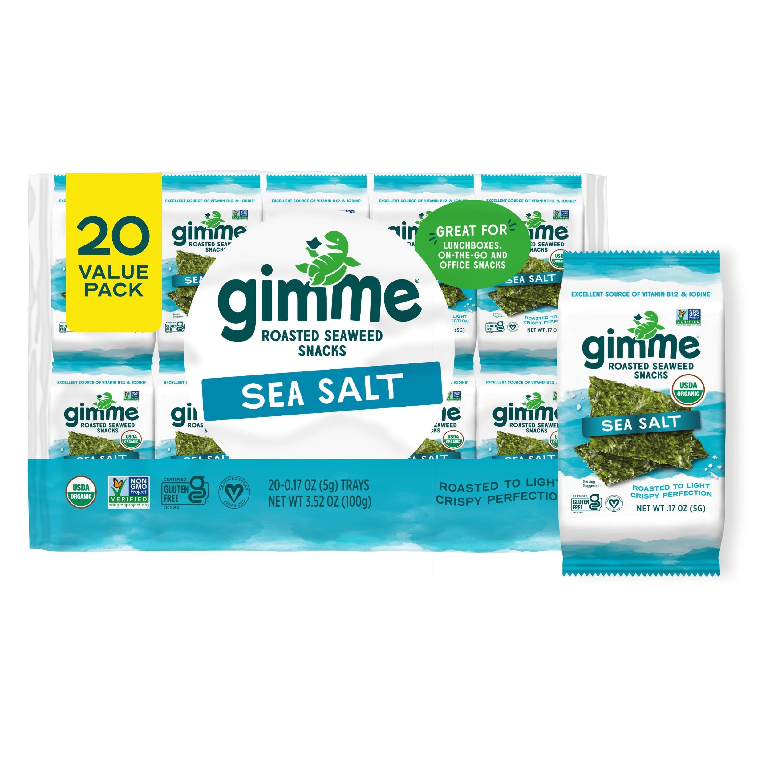 Gimme Sea Salt Seaweed, Premium Organic Roasted Seaweed Snacks, 0.17oz (20 individually wrapped packs)