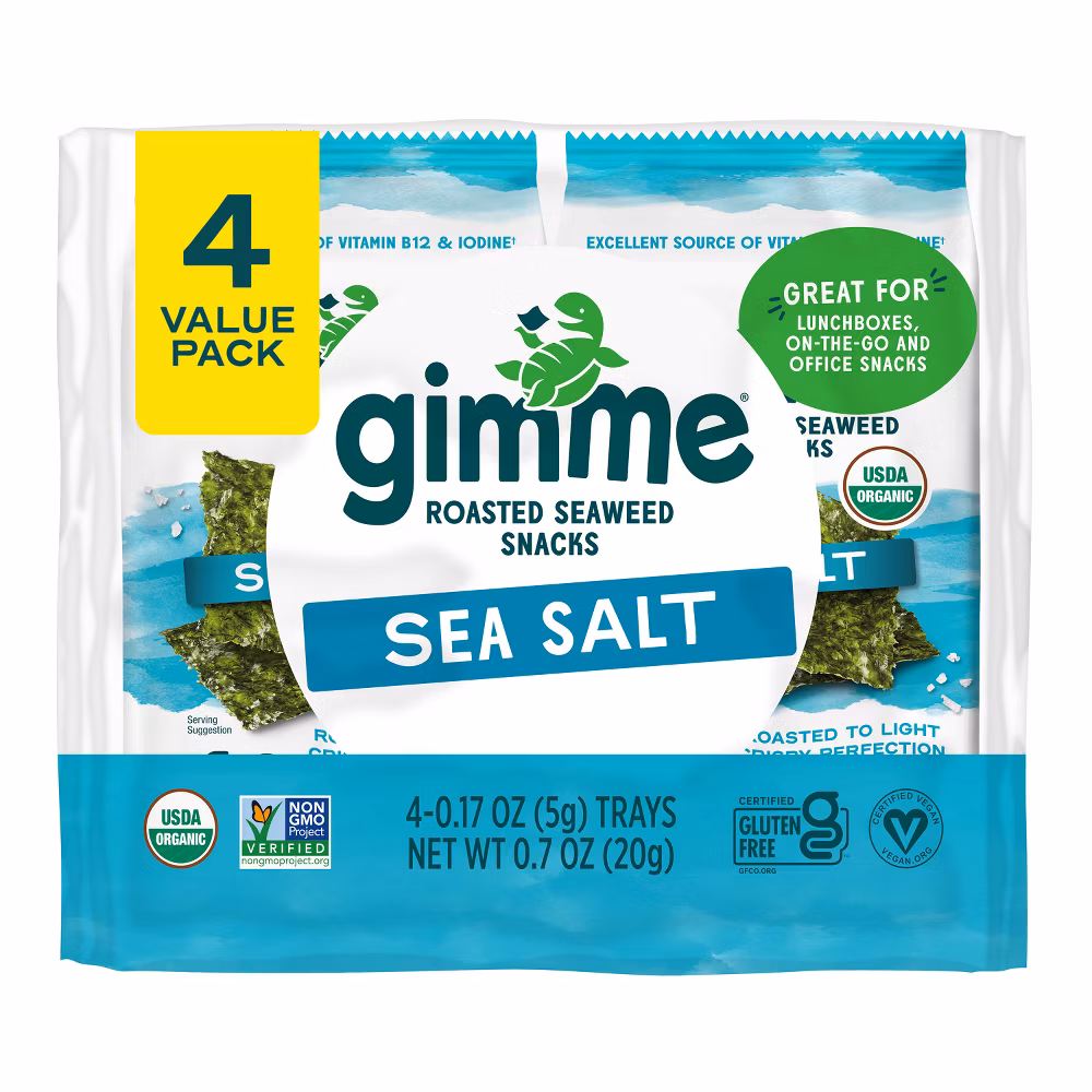 Gimme Organic Roasted Seaweed Snacks with Sea Salt, 4 Pack, 5g, Crispy Texture, Eco-Friendly Packaging