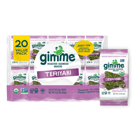 Gimme 20 Pack Teriyaki Seaweed, Premium Organic Roasted Seaweed Snacks, 5 gram, 0.17oz (20 Individually Wrapped Packs)