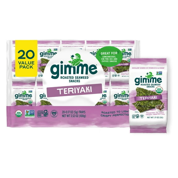 Gimme 20 Pack Teriyaki Seaweed, Premium Organic Roasted Seaweed Snacks, 5 gram, 0.17oz (20 Individually Wrapped Packs)