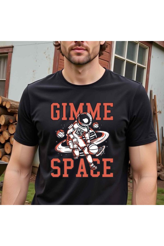 Gimme Space" Men'S T-Shirt - Black Crew Neck, Short Sleeve, Casual Fit, 100% Cotton, All-Season Wear, Space Explorer Graphic with Rocket and Planets, Perfect for Valentine'S Day, New Year's, Father'