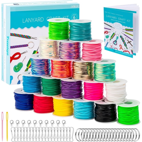 Lanyard String, 20 Rolls Gimp String, Plastic String Lacing Cord, Boondoggle String Kit 1200 Feet and 52Pcs Keychain Lanyards Accessories for Keychain Crafts, Bracelet with Instruction Box