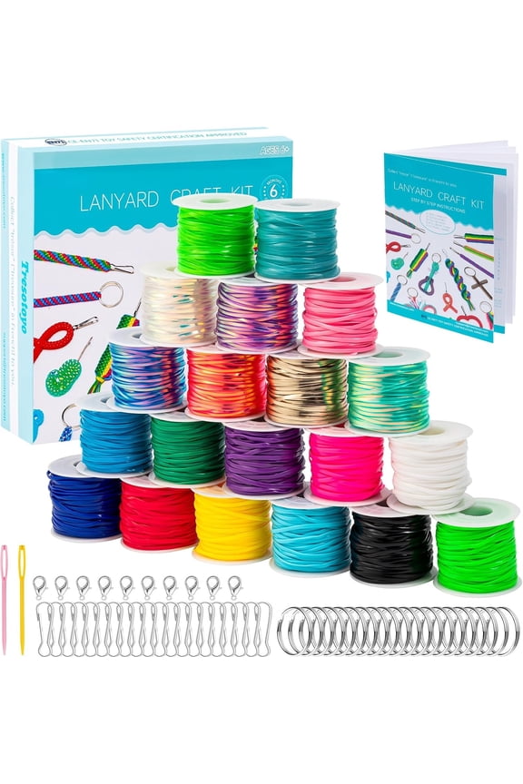 Lanyard String, 20 Rolls Gimp String, Plastic String Lacing Cord, Boondoggle String Kit 1200 Feet and 52Pcs Keychain Lanyards Accessories for Keychain Crafts, Bracelet with Instruction Box