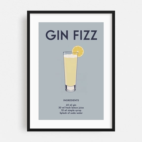 Gin Fizz - New Orleans Louisiana Illustration Cocktail Lemon Kitchen Decor Bar Fruit Typography Black Framed Wall Art Print 5 x 7 inches